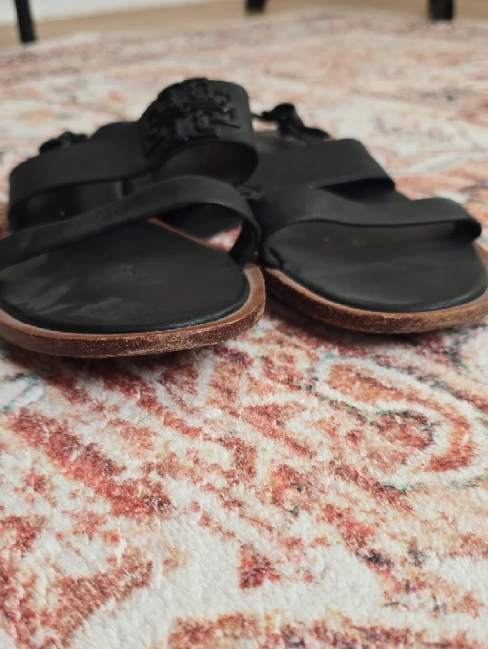 Tory Burch Black Leather Logo Slide Sandals with Slingback - Picture 2 of 7